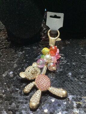 Rare Unique Gold Teddy Bag Charm with Pink and Multicolor Beads